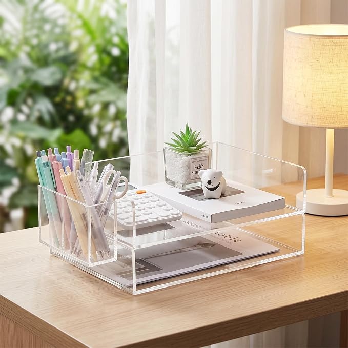 2 Pack Acrylic Paper Tray and Pen Holder Organizer for Desk Clear File Organizer,Acrylic Desk Organizers and Accessories Sorter,Perfect for File Paper, Ipad, Letter, A4 Office File, Books, Notes.