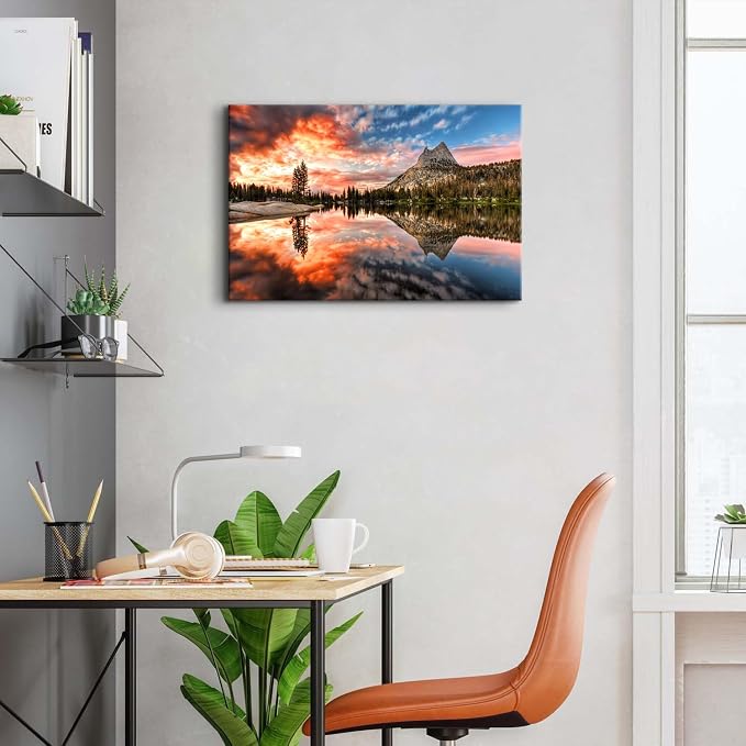 Nature Cathedral Lake Wall Art for Kitchen Wall Decor Mountain Forest Wall Decor Burnt Orange Sunset Photography Painting Canvas Prints Modern Aesthetic Framed Posters Artwork 16x24" Ready to Hang