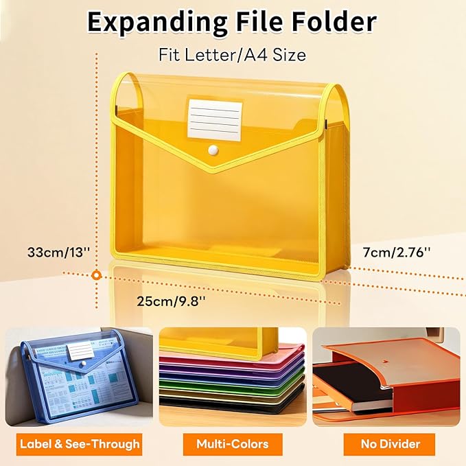 Plastic Expanding File Folder, Transparent Envelopes with Snap Closure | 10 Pack, No Dividers, Large Capacity, Assorted Colors, Fits Letter / A4 Size