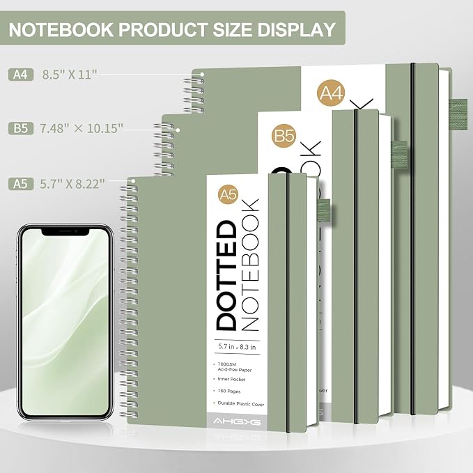AHGXG Dotted Journal - Dot Grid Spiral Notebook A5, 160 Pages, 100 GSM Thick Paper, Waterproof Plastic Cover Journals for Journaling, Sketching, 5.7" x 8.3", Light Green