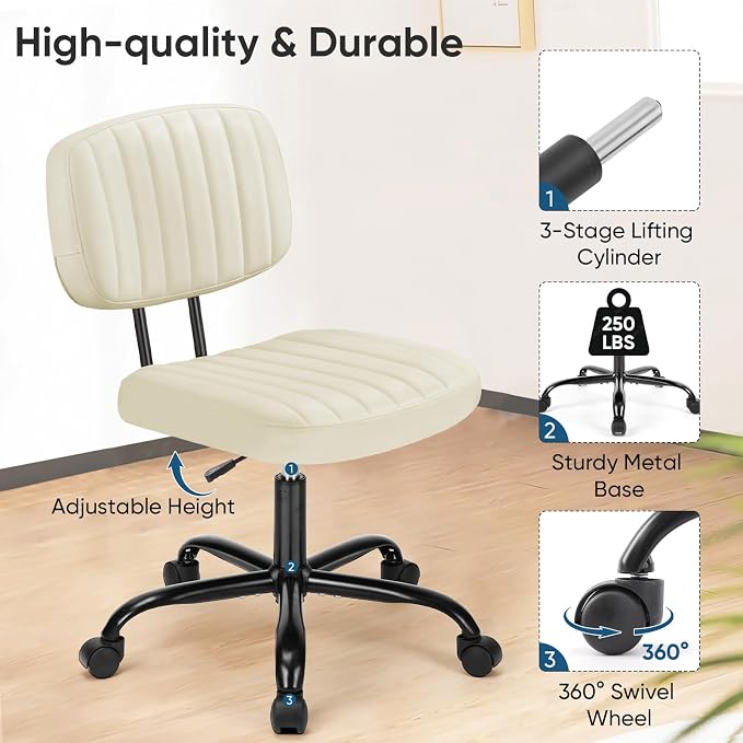 DUMOS Small Office Desk Chair, Armless Vanity Chair with Lumbar Support | PU Leather, 360° Rolling Task, Height Adjustable, Home Bedroom, Adult, Student, Beige White