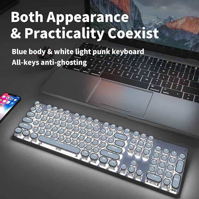 SEUNKWANG EWEADN TK950 Typewriter Keyboard Wireless Mechanical Keyboard, 104 Keys Aesthetic Typewriter Keyboards with White Backlit, Anti-Ghosting, Blue Switch Bluetooth/2.4GHz/Wired Keyboards-Blue