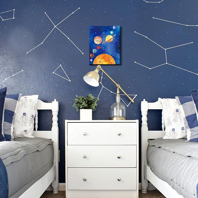 CHDITB Framed Outer Space Art Prints Cartoon Watercolor Planet Wall Art Set of 3 Pieces (11.8x15.6inch), Universe Theme Canvas Painting, Spaceship, Astronaut For Kids Room Nursery Decor-Ready to Hang