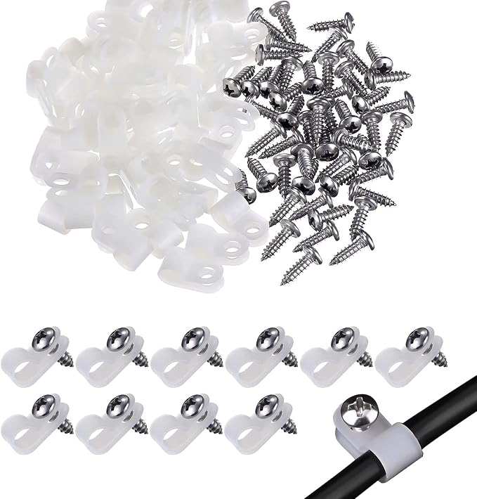 VIPMOON 100 Pcs 1/4 Inch R-Type Cable Clips Clamp Kit, Nylon Mounting Cord Fastener Clips with 100 Pack Screws for Indoor Outdoor Electrical Wire Management Organizer, White