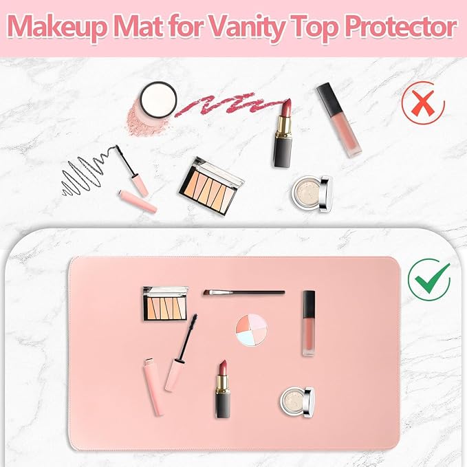Makeup Mat for Vanity, Non-Slip PU Leather Desk Pad, Dual-Sided Laptop Pad, 31.5 x 15.7 Inches Table Mat, Easy to Clean Vanity Protector Mat, Waterproof & Oilproof Desk Protection (Pink and Blue)