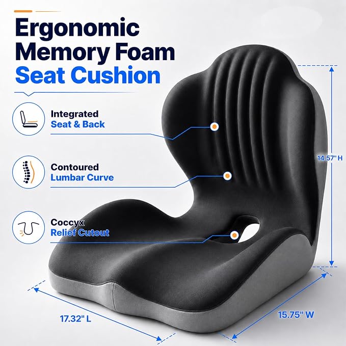 Ergonomic Memory Foam Seat Cushion with Back Support, Office Chair Cushion | L-Shaped Integrated Design with Lumbar Support and Tailbone Cutout for Office, Car, Computer, Dining Chairs (Black)