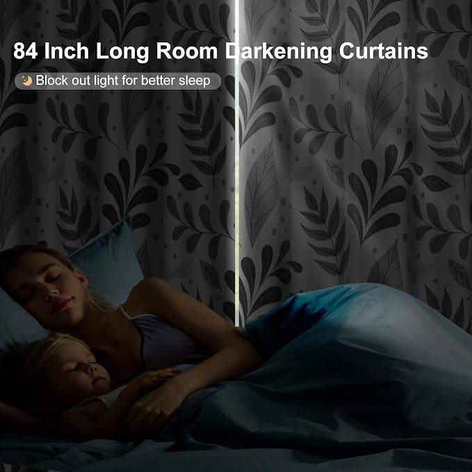 Blackout Curtains for Bedroom and Living Room, Grey Leaves Patterned Grommet Thermal Insulated Room Darkening Bedroom Curtains 2 Panels Set, Light Filtering Soundproof Black Out Curtains 84 Inch Long