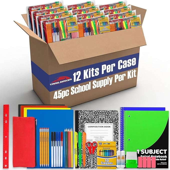 Trailmaker 12 Pack Bulk School Supply Kits | 45 Piece Classroom Supply Sets for Elementary & Middle School | Notebooks, Pencils, Crayons & Essentials | Back to School Supply Kit for Students All in One Set