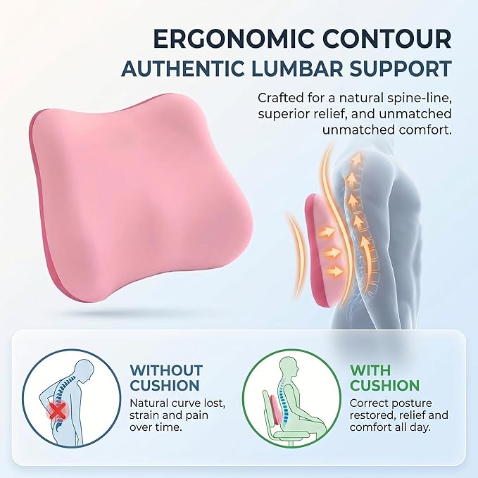 Lumbar Support Pillow, Ergonomic Memory Foam Back Cushion for Car Office Chair Gaming Chair, Washable Cool-Touch Cover for Lower Back Support (Pink)