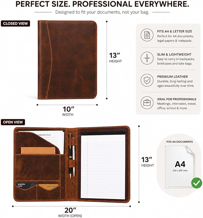 Leathervine Compact Leather Portfolio with Clipboard | Legal Pad | Card Holders | File Pocket | Pen Loop | Premium Organizer for Meetings | Work | Interviews | Graduation Gifts