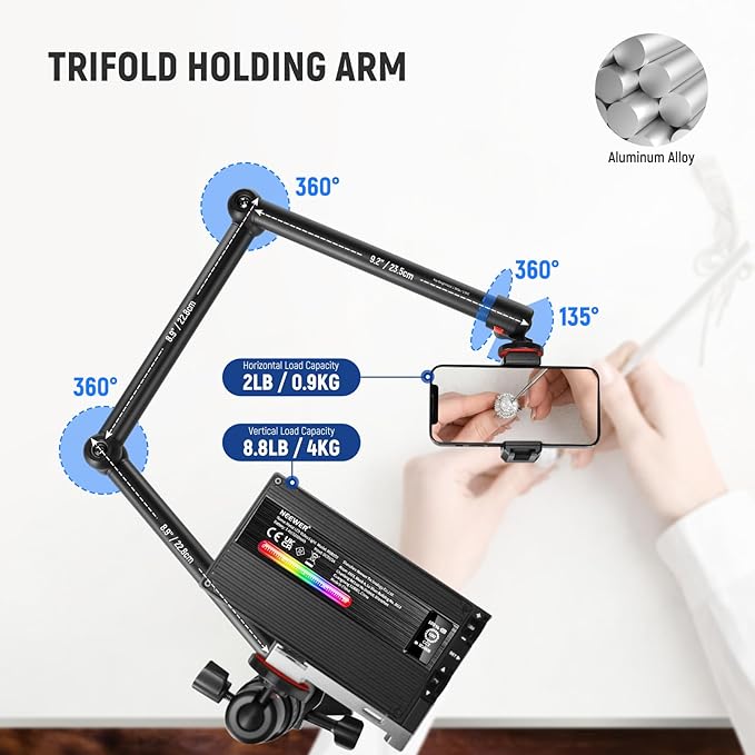 NEEWER Upgraded Overhead Camera Rig with Trifold Camera Boom Arm (Max Load 2lb), 47"/1.2m Telescopic Desk Mount Stand (Max Load 8.8lb) with Phone Clamp Ball Head for LED Light Webcam Mic, TL253A+MH022