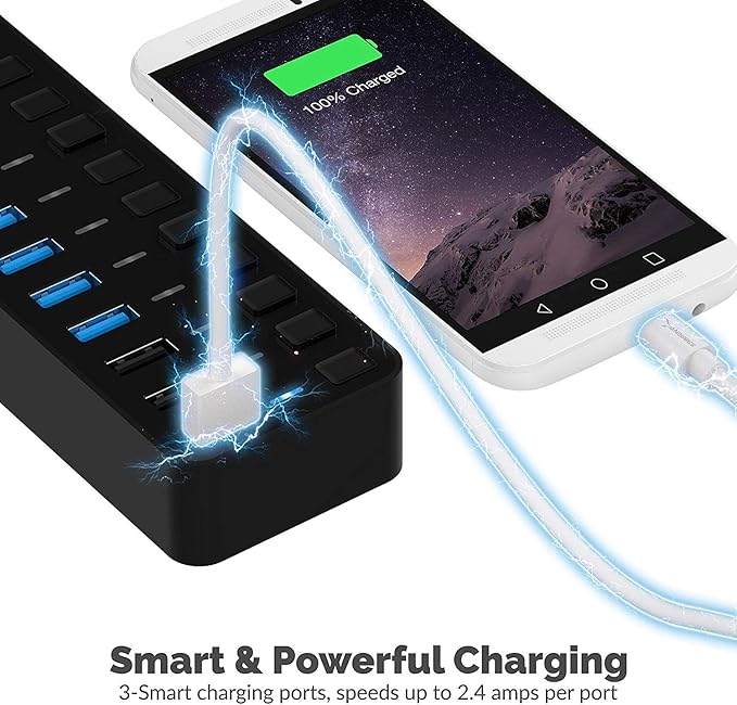 SABRENT 10-Port USB 3.0 Hub, Individual Power Switches and LEDs, 3 Smart Charging Ports, 60W Power Adapter, for PC, Mac, Xbox, PS5, Laptop, Desktop, USB Devices (HB-B7C3)
