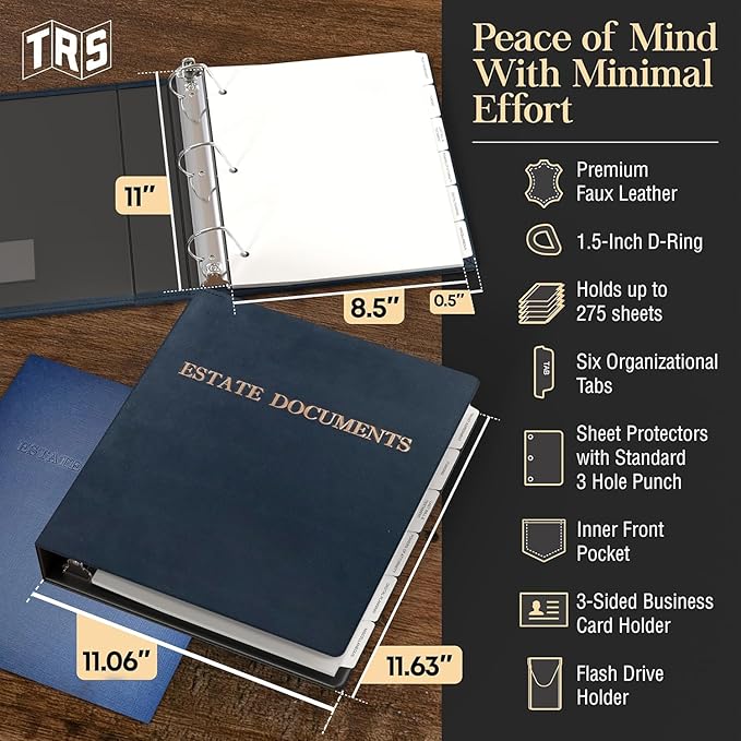 TRS Estate Planning Binder Kit – Pre-Labeled Tabs, Sheet Protectors | 1.5" D-Ring Faux Leather Organizer for Wills, Trusts, Power of Attorney & End-of-Life Planning | Navy with Bronze