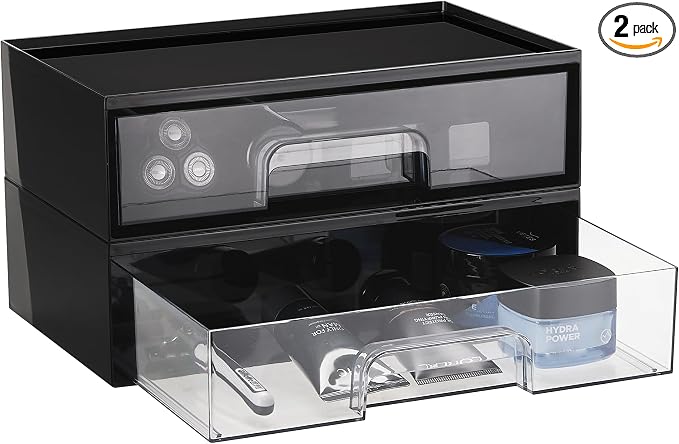 Vtopmart Black Stackable Storage Drawers, 2 Pack Wide Organizers | Pull-Out Drawers, Stackable Design for Makeup Palettes, Cosmetics, Beauty Supplies, Vanity, Cabinet and Desk