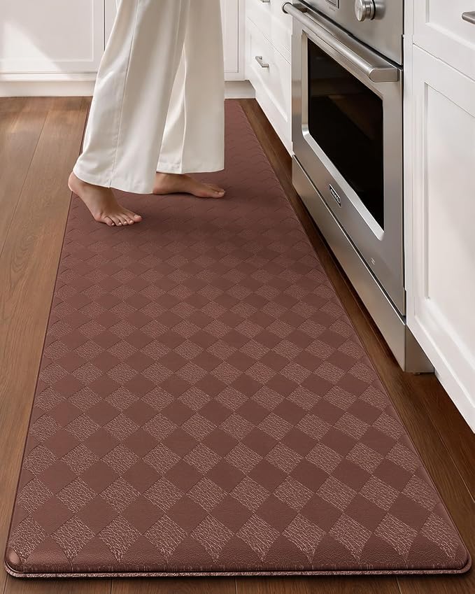Color&Geometry Checkered Narrow Kitchen Floor Mat Anti Fatigue 17x79, Brown | Waterproof & Oil Proof, Easy Clean PVC Kitchen Rug For Busy Family, 0.4in Thick Cushion For Long Standing, Non Slip