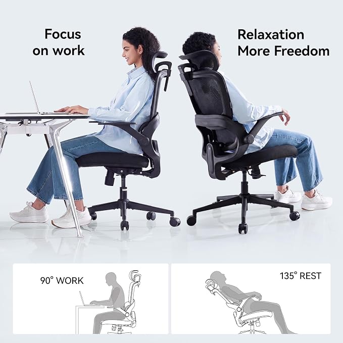 SIHOO B100 SE Office Chair, Desk Chair with Adaptive Lumbar Support & 2D Flip-up Armrests, 135° tilt Soft Memory Foam Erogonomic Chair for Home Office,Hold 300 LBS, 2 Packs, Jet Black
