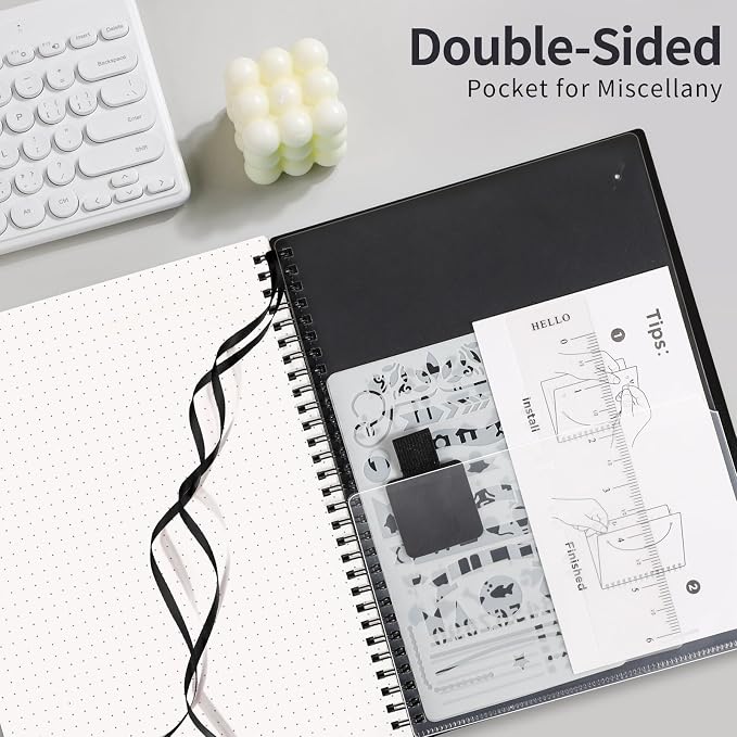 AHGXG Dotted Journal - Dot Grid Spiral Notebook B5, 140 Pages, 100 GSM Thick Paper, Waterproof Plastic Cover Journals for Journaling, Sketching, 7.6" x 10", Black