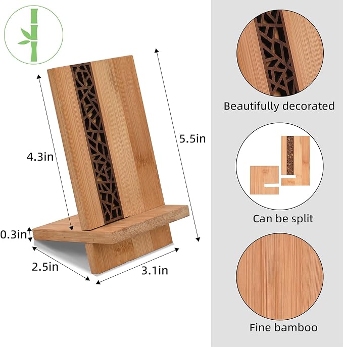 Mobile Stand Japanese Style Cellphone Holder Desktop Organizer Charging Station Compatible with All Smartphones Tablets Natural Bamboo Wood Portable Adjustable Angle (Pattern-NO Hole)