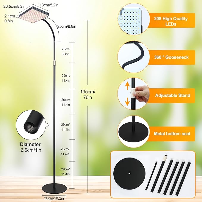 FECiDA 2026 Floor Grow Light, Standing Grow Lights with Stable Round Base for Tall Indoor Plants, Bonsai Tree, Monstera, 4/8/12/16/20 Hr Timer, 25 Watt Power Draw, NO Need Adapter, 40"-76" Adjustable