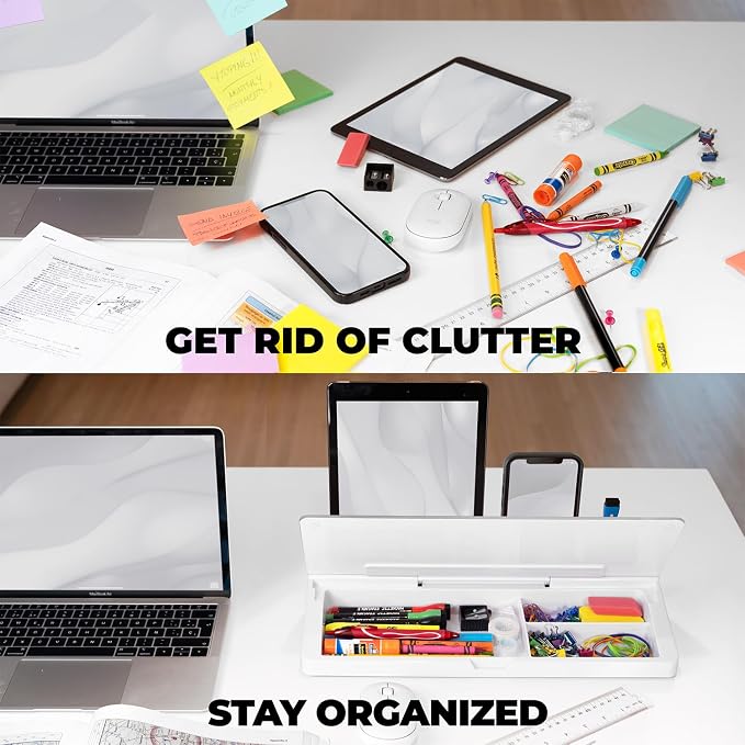 Desktop Whiteboard - Glass Dry Erase White Board- Desk Computer Buddy – Home Office & Studying Essentials - Desktop Pad with Phone & Tablet Slot, Storage Compartment - Includes 4 Markers, 1 Eraser