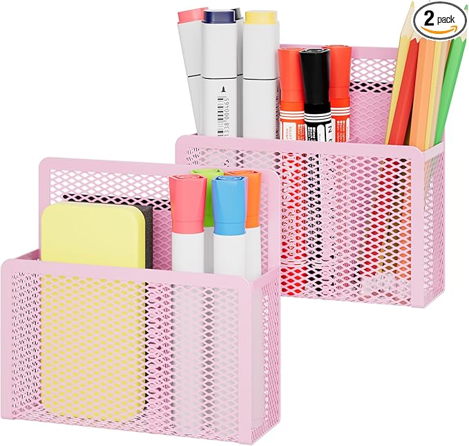 Marbrasse Magnetic Dry Erase Marker Holder, Mesh Pen Holder for Whiteboard，Magnet Pencil Organizer Storage for Refrigerator Locker Accessories Organizer for Home, School and Office(Pink)