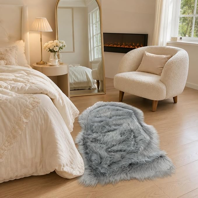 EasyJoy Faux Sheepskin Rug, Fluffy Faux Fur Rug, Ultra Soft Shag Area Rug with Non-Slip Backing for Bedroom, Living Room, Nursery, Kids Room(2 x 3 ft Sheepskin, Frosted Bottom Gray)