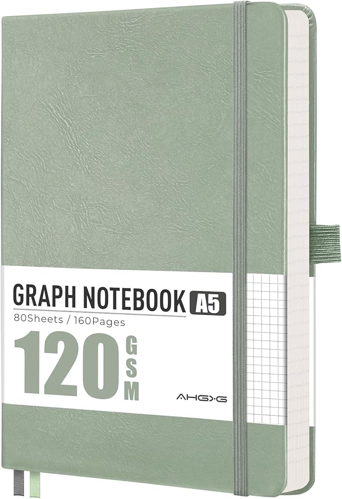 AHGXG Graph Grid Paper Notebook - 160 Pages, 120 GSM Thick Acid-Free Paper, A5 Leather Hardcover, for School, Students, Math, Engineering, 5.7'' × 8.3'' (Sage Green)