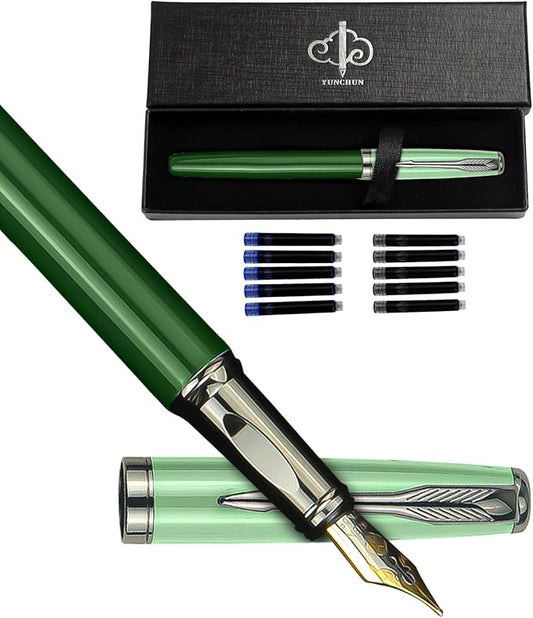 YUNCHUN Fountain Pens Set for Writing, Fancy Medium Nib Ink Pens of Morandi Color with 5 Black and 5 Blue Refills Cartridges, Best Pen Gift Set for Men & Women, Office Professional Pen for Work, Green