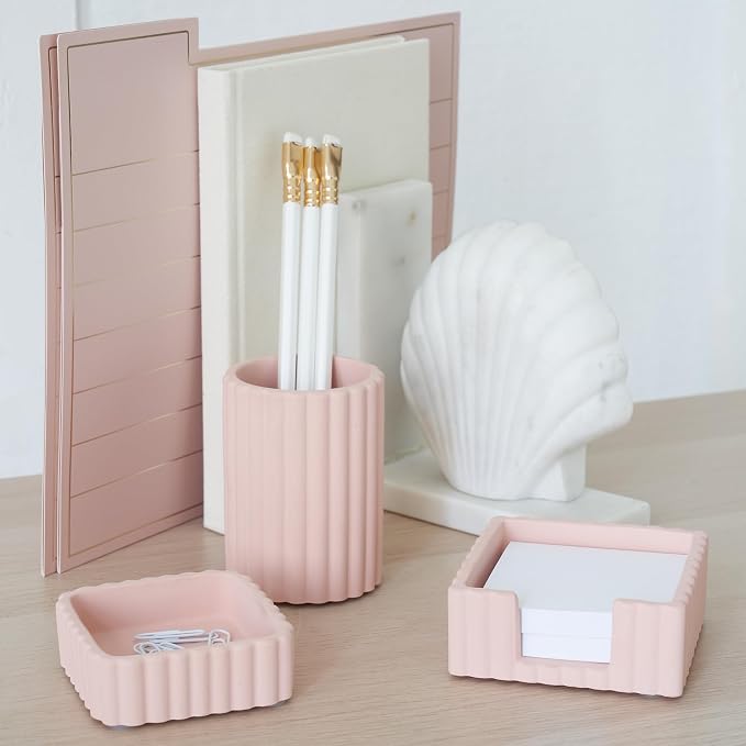 Aesthetic Desk Organizer Set of 3 For Your Office - Sturdy Concrete Desktop Accessories For Women Enhance Any Office Decor - Set incl. Pen Holder, Paperclip Storage & Sticky Note Holder for Teacher