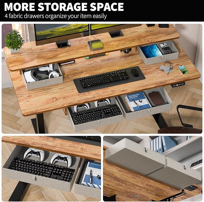 Kingant Electric Standing Desk with 4 Drawers,USB Charging Ports 55"x 30" | Ergonomic Height Adjustable Large Workstation, Heavy-Duty Sit Stand Up Desk For Home Office Daily Work,Light Rustic Brown
