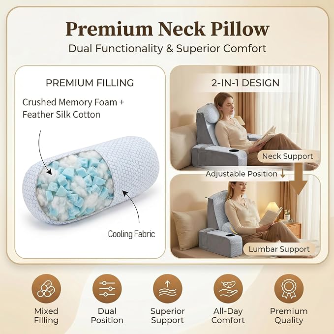 Reading Pillow for Adults, Back Pillow for Bed Sitting Up, Backrest Pillow for Sitting in Bed, Detachable Arms with Built-in Cup & Phone Caddy (White Cooling - Polka, 21 INCH)