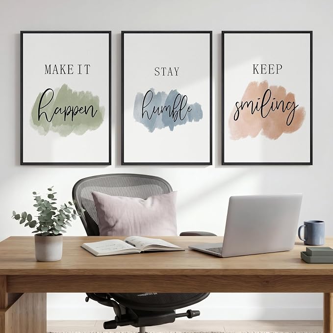 Framed Inspirational Wall Art for Office Decor, 3 Piece Modern Motivational Canvas Prints Paintings, Minimalist Colorful Positive Affirmations Pictures for Home Office Bedroom Gym Wall Decor, 16x24 In