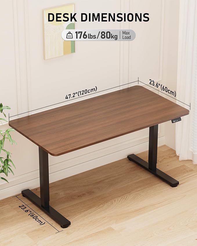 48" Electric Standing Desk Adjustable Height, Sit Stand up Desk for Home Office & Computer Workstation, 2 Memory Height Settings, Splice Board, 2 Hooks, Black Frame/Walnut Top