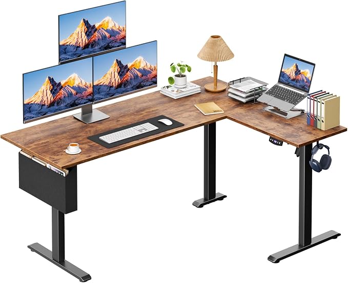 Korfile L Shaped Electric Standing Desk,63 Inch Adjustable Height Sit to Stand Corner Desk with Memory Presets, Reversible Computer Table for Home Office, Work and Study, Rustic Brown