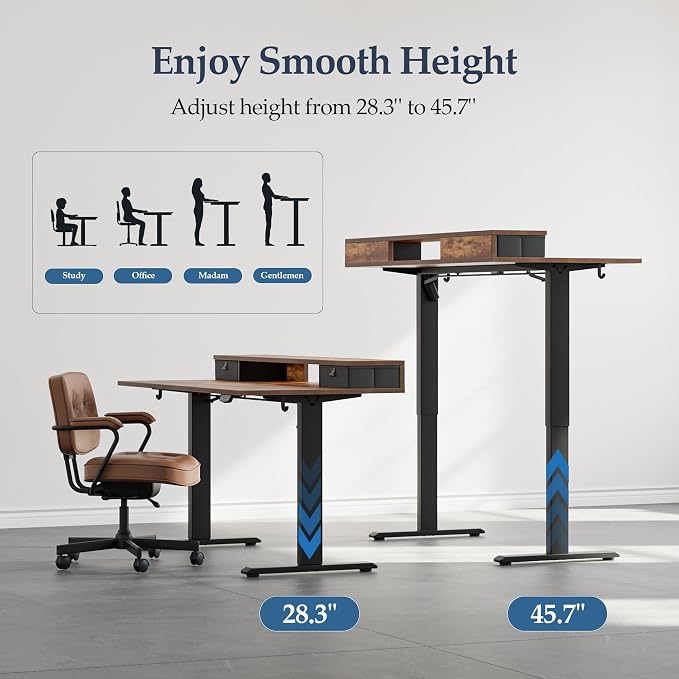 Klicelor 55 x24 Inch Electric Standing Desk with Drawers, Adjustable Height Small Sit Stand Desk for Home Office, Compact Computer Workstation with Storage– Rustic Brown