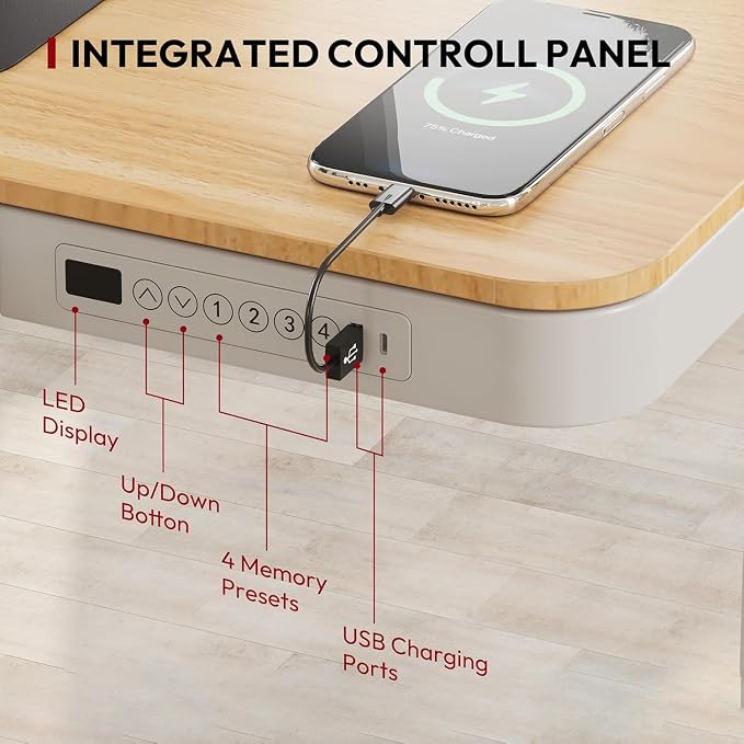 SANODESK Electric Height Adjustable One-Piece Standing Desk with Drawer | Stand Up Home Office Desk with Storage & USB Ports, 55 inch Maple Wood Tabletop/White Frame