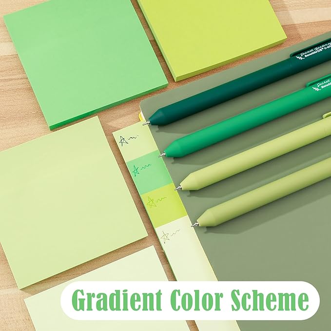 BAYTORY 320 Sheets Gradient Sticky Notes, 4 Pcs Rotatable Colored Gel Pens, Aesthetic Self-Stick Note & Multicolored Ink Pen, Colorful Memo Pads Easy to Post for Note Taking (Gradient Green)
