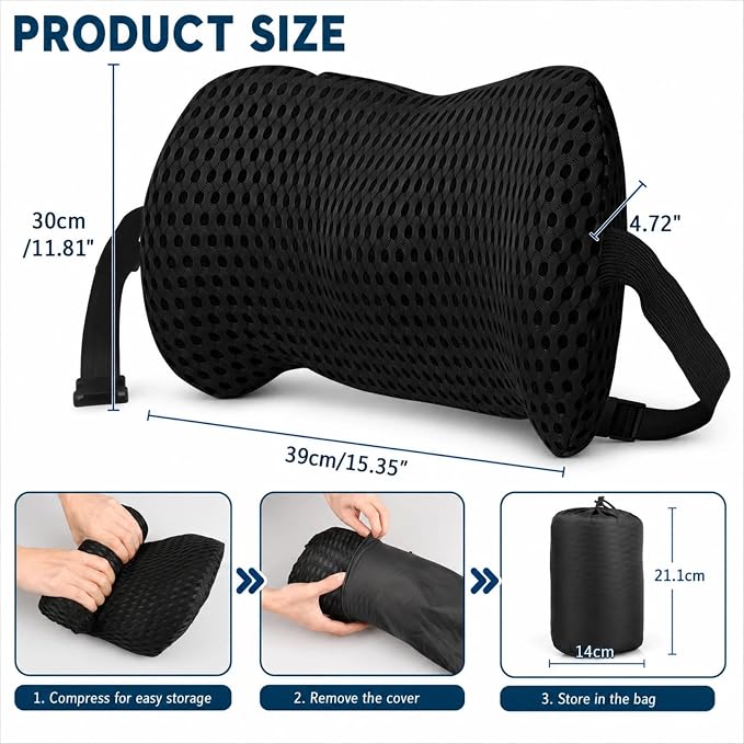Lumbar Support Pillow for Office Chair – Ergonomic Memory Foam Lower Back Cushion with Breathable 4D Mesh & Adjustable Strap, Back Support for Car Seat, Desk Chair & Gaming Chair