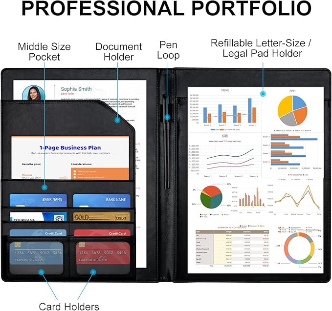 Cacturism Padfolio Portfolio Folder, Foldable Letter Size Writting Pad, PU Leather Professional Folio Organizer for Women - Resume Business Legal Document Holder for Job School Office, Black