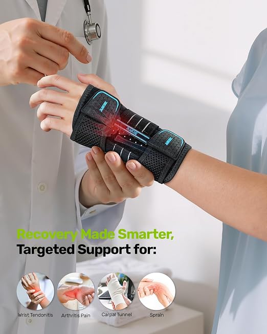 Rakiie Carpal Tunnel Wrist Brace, Adjustable Night Wrist Support with 3 Metal Splints, Hand Brace for Men Women No Pressure on Thumb, Splint Stabilizer for Work, Arthritis (Left Hand, Blue, Small)