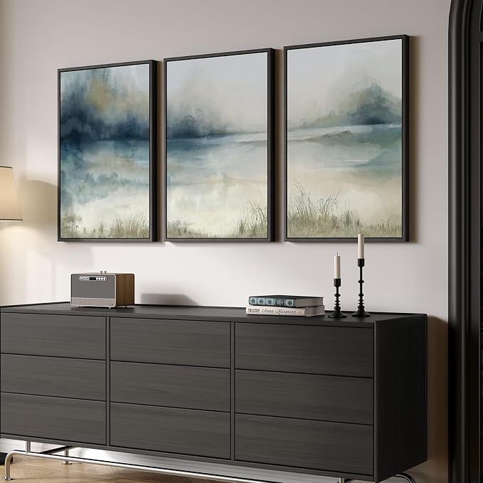 Large Framed Abstract Nature Landscape Wall Art for Living Room, 3 Piece Blue Watercolor Canvas Prints Paintings Artwork for Walls, Misty Lake Mountain Pictures for Hallway Office Wall Decor 24x36 In
