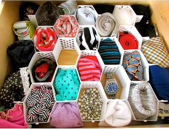 Evelots Honeycomb Drawer Organizer - Set of 2, 56 Slots, Easy Snap-Together Assembly, Adjustable & Durable Plastic Dividers, Perfect for Socks, Underwear, Ties, Accessories, and More - Customizable S