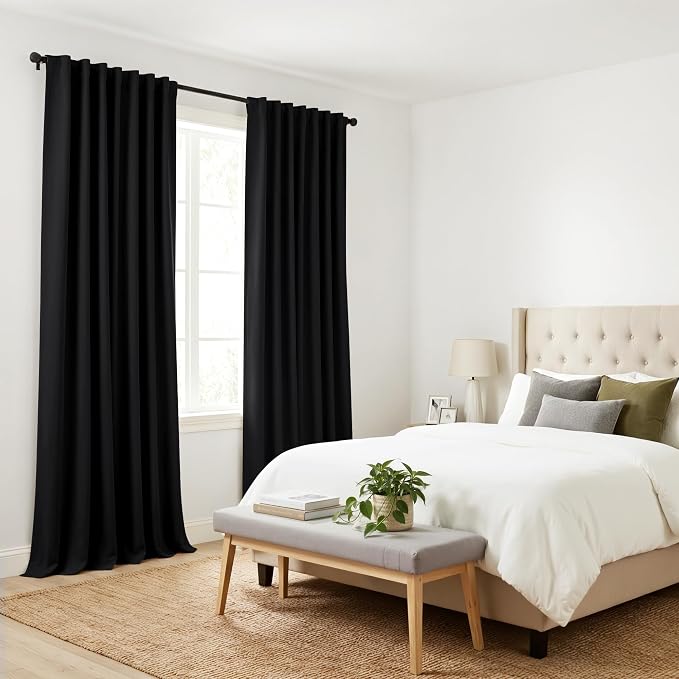PONY DANCE 102 inch Long Curtains 2 Panels Set for Living Room Bedroom, Rod Pocket/Back Tab Thermal Insulated Room Darkening Light Blocking Floor to Ceiling Drapes, W 52 x L 102 inch, Black