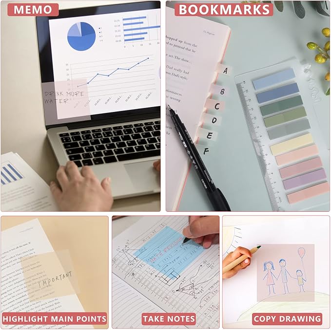 ONEDONE Transparent Sticky Notes 700 Sheets -Clear Sticky Notes for Annotating Books Translucent Book Tabs Book Page Markers Office & School Supplies