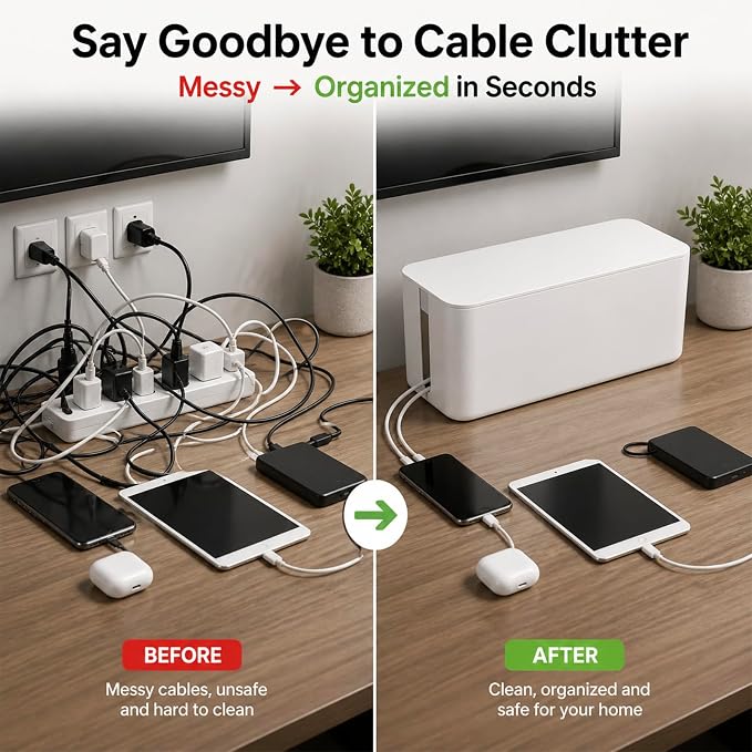 [Set of 3] 3 Cable Management Boxes + 3 Wire Ties, Large Cord Box Organizers to Hold and Hide Power Strip Charger Adapter Power Cord Charging Station USB HUB (White)