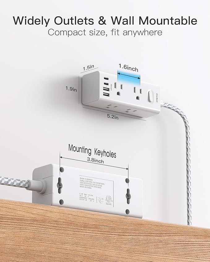 Surge Protector Power Strip - 6 Widely Outlets with 4 USB Ports (2 USB C), 6 Ft Extension Cord Flat Plug, 3 Way Wall Outlet Extender Extension Cord for Home Office College Dorm Room Essentials