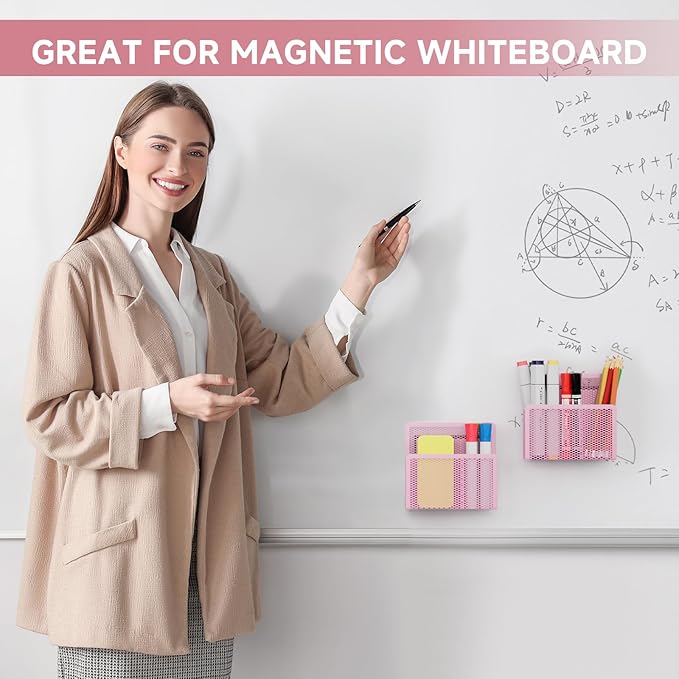 Marbrasse Magnetic Dry Erase Marker Holder, Mesh Pen Holder for Whiteboard，Magnet Pencil Organizer Storage for Refrigerator Locker Accessories Organizer for Home, School and Office(Pink)