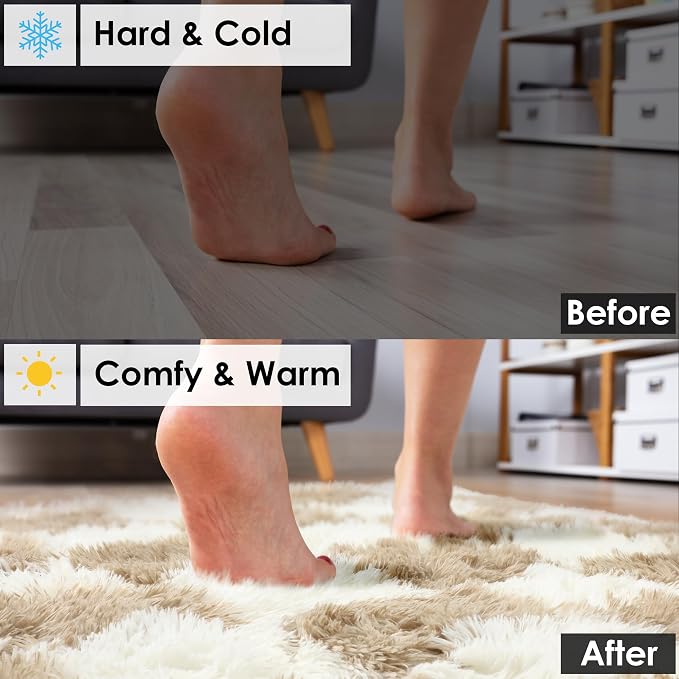KICMOR Living Room Rug 7x9 Area Rug, Large Fluffy Shag Shaggy Fuzzy Checkered Bedroom Carpet, Beige and Cream White Big Indoor Soft Plush Rugs for Kids Boys Girls Dorm Nursery Home Decor Aesthetic