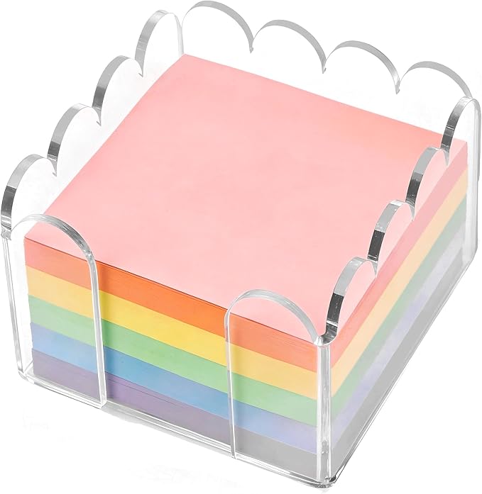 3x3 Inch Scalloped Acrylic Sticky Note Holder, Clear Cute Post It Note Dispenser, Notepad Holder with Wave Design, Thick Acrylic Desk Organizer for Office, Home, Dorm, Classroom