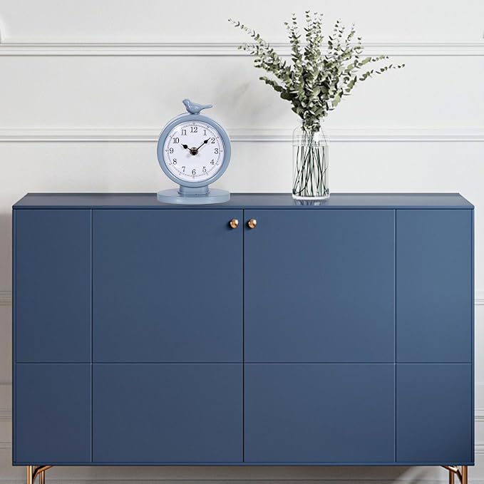 Classic Vintage Analog Mantel Desk Clock, Bright Blue | With Light, Silent Sweep Movement, Decorative Metal, For Living Room Shelf Bedside Home Decor